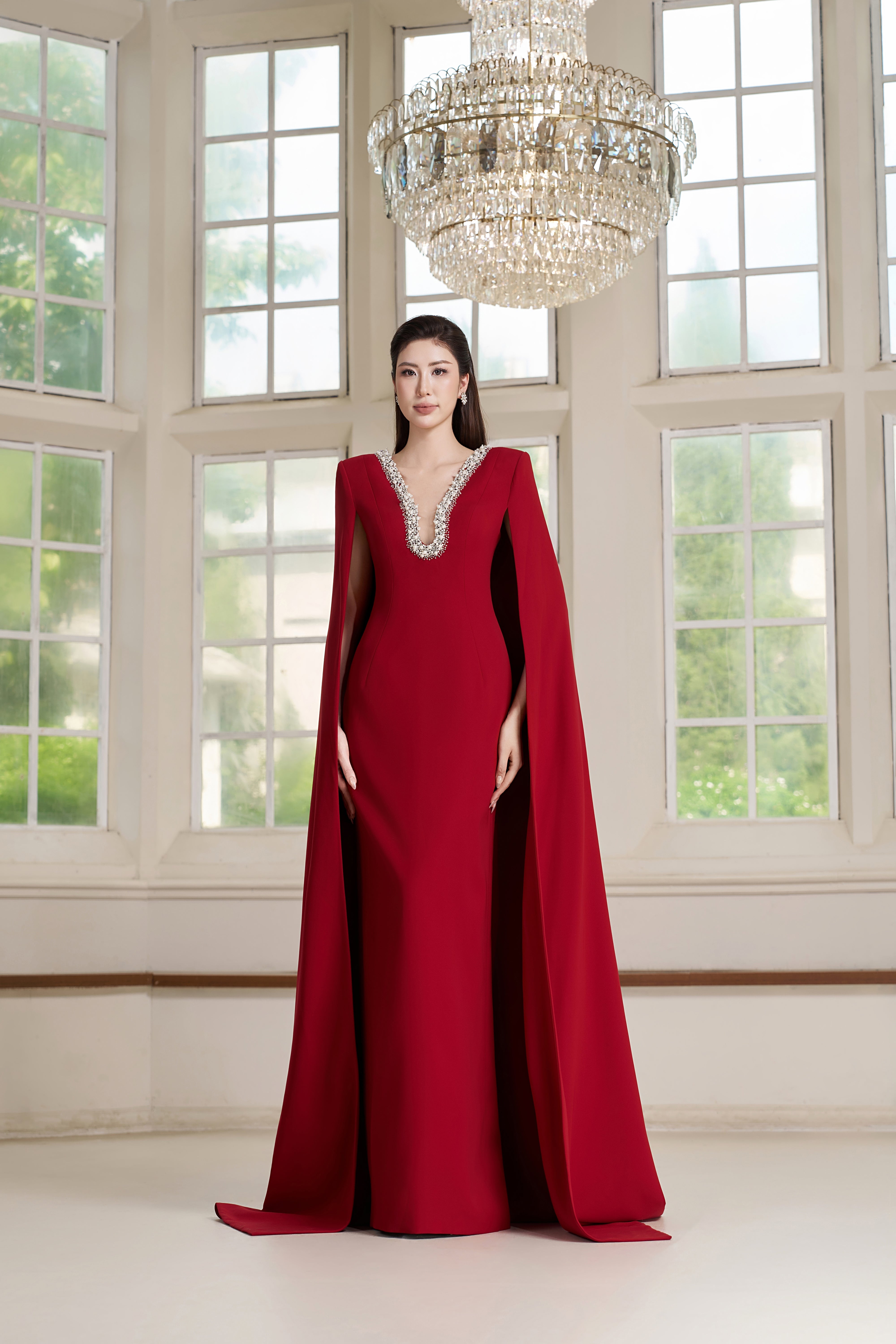 Lea Dress – Crystal Neckline Cape-Sleeve Gown