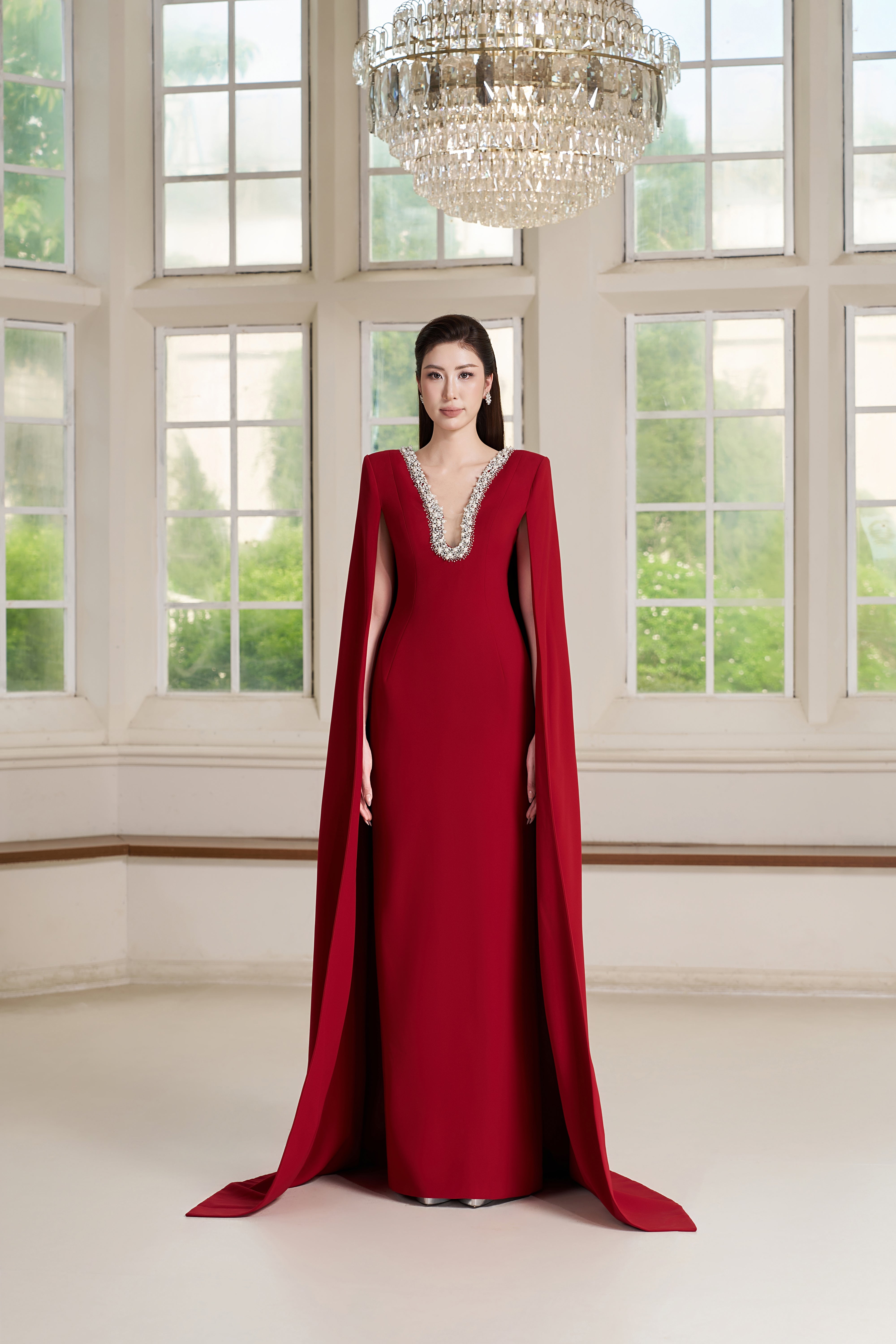 Lea Dress – Crystal Neckline Cape-Sleeve Gown