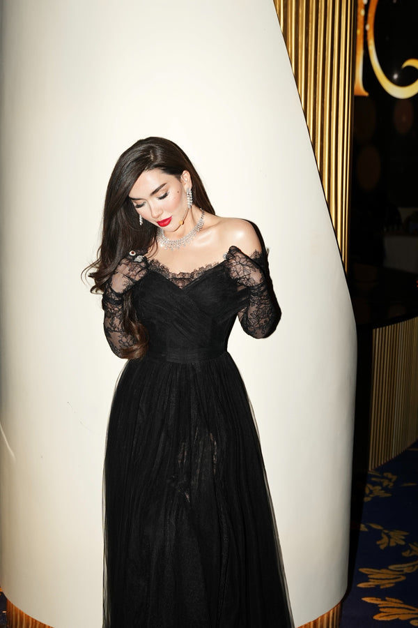 Li Beirut B1141 Off-Shoulder Long Lace Sleeve Gown with Tulle Skirt
