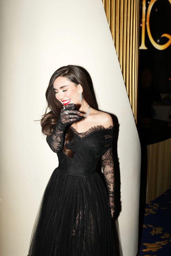 Li Beirut B1141 Off-Shoulder Long Lace Sleeve Gown with Tulle Skirt