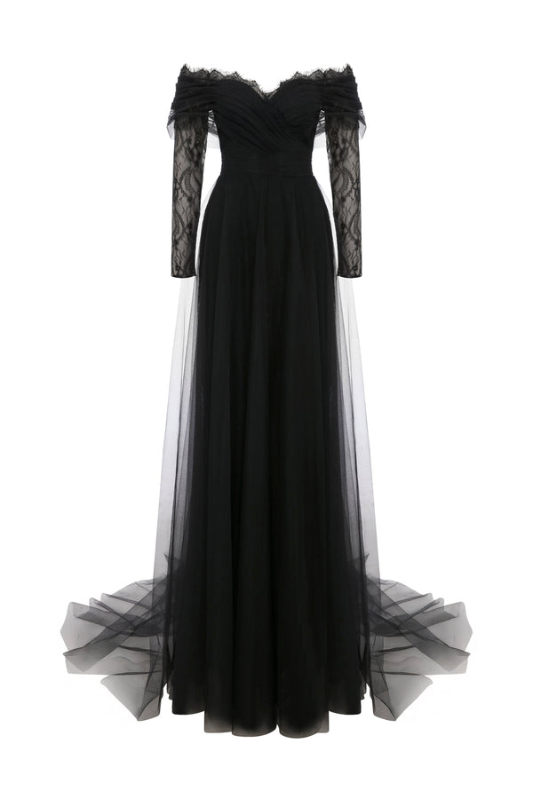 Li Beirut B1141 Off-Shoulder Long Lace Sleeve Gown with Tulle Skirt