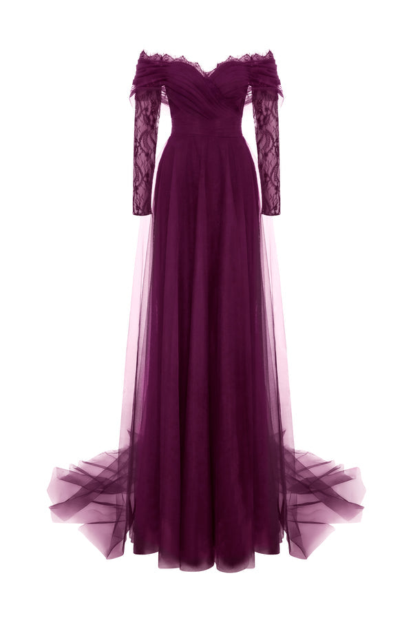 Li Beirut B1141 Off-Shoulder Long Lace Sleeve Gown with Tulle Skirt