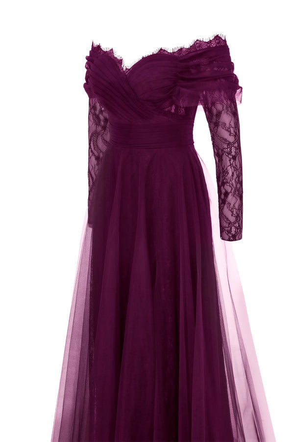 Li Beirut B1141 Off-Shoulder Long Lace Sleeve Gown with Tulle Skirt