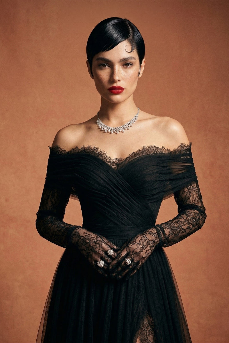 Li Beirut B1141 Off-Shoulder Long Lace Sleeve Gown with Tulle Skirt