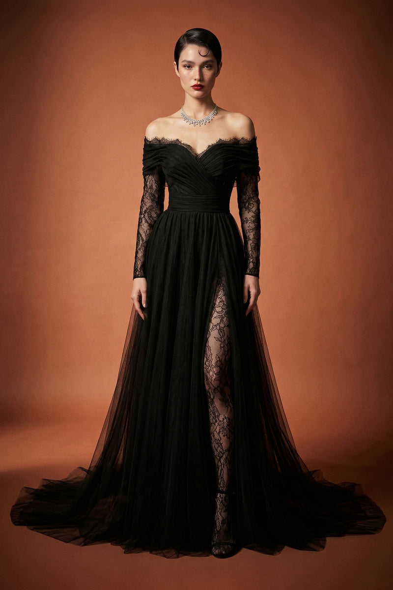 Li Beirut B1141 Off-Shoulder Long Lace Sleeve Gown with Tulle Skirt