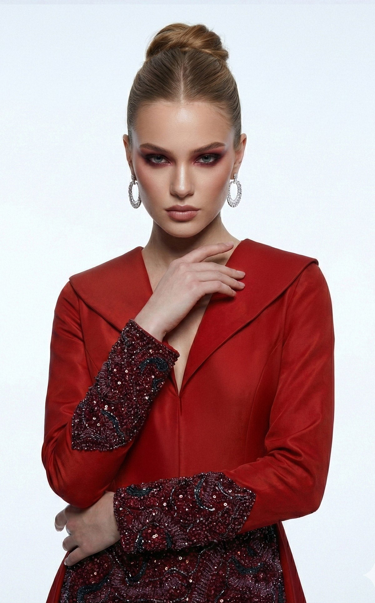 Li Beirut B1177 – Long Sleeve Embellished Coat Couture Gown in Red & Blue