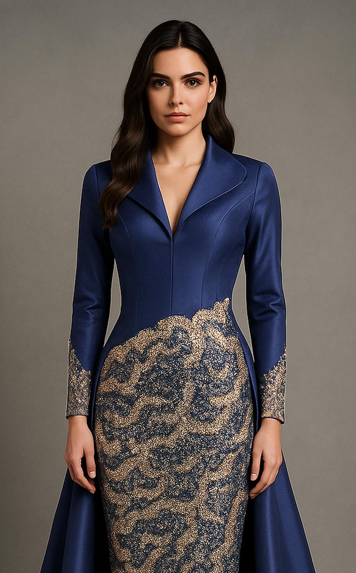 Li Beirut B1177 – Long Sleeve Embellished Coat Couture Gown in Red & Blue