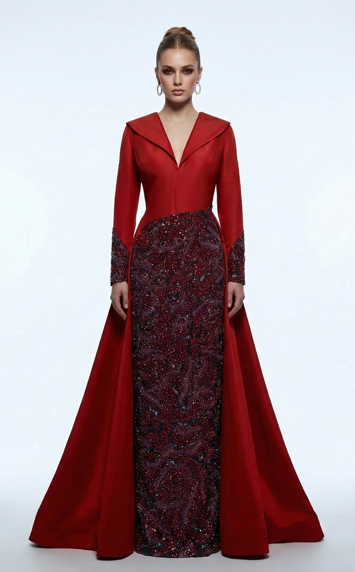 Li Beirut B1177 – Long Sleeve Embellished Coat Couture Gown in Red & Blue