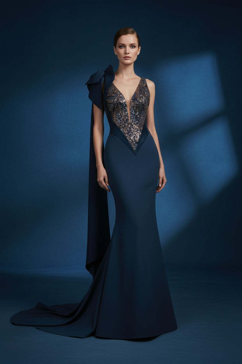 Li Beirut B1180 Sequin V-Neck Mermaid Gown with Couture Bow & Sash