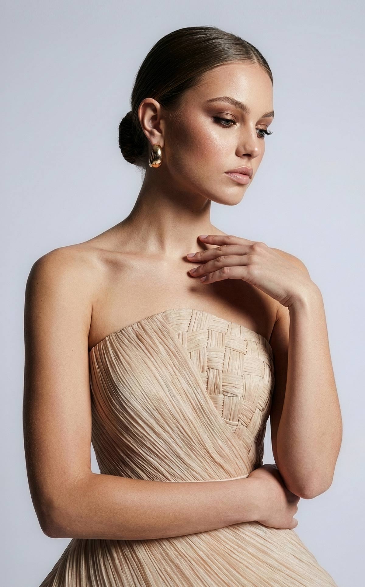 Li Beirut B1186 – Strapless Nude Woven Peplum Couture Evening Gown