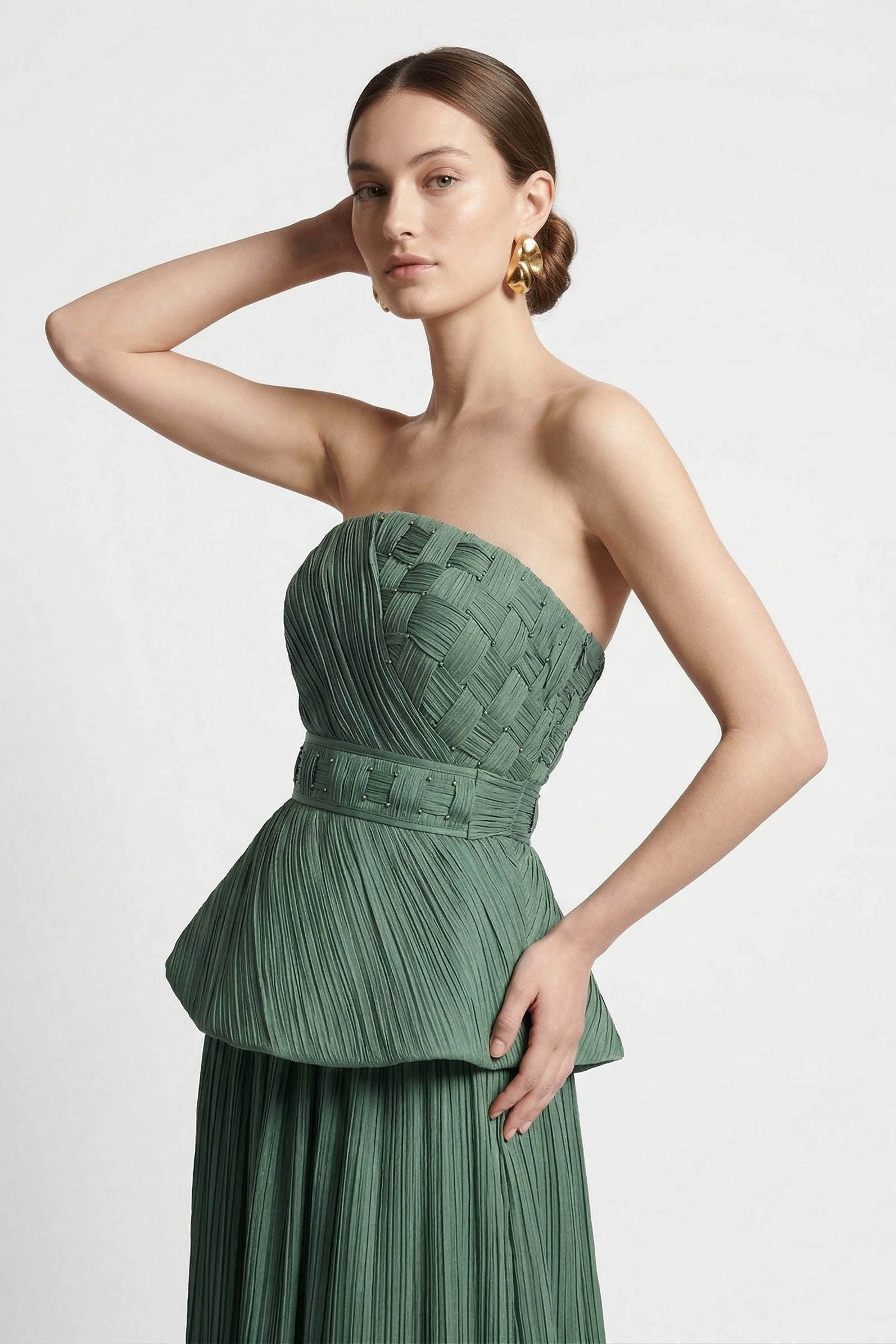 Li Beirut B1186 – Strapless Nude Woven Peplum Couture Evening Gown