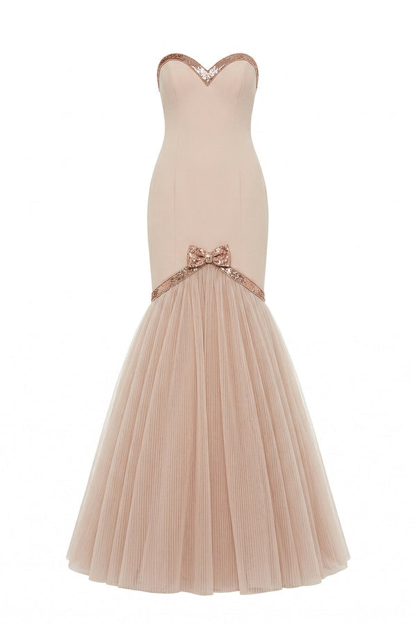 Li Beirut B1203 Pink Strapless Sweetheart Mermaid Gown with Black Beaded Trim & Pleated Tulle