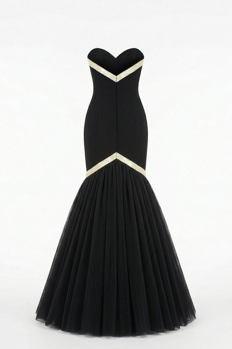 Li Beirut B1203 Pink Strapless Sweetheart Mermaid Gown with Black Beaded Trim & Pleated Tulle