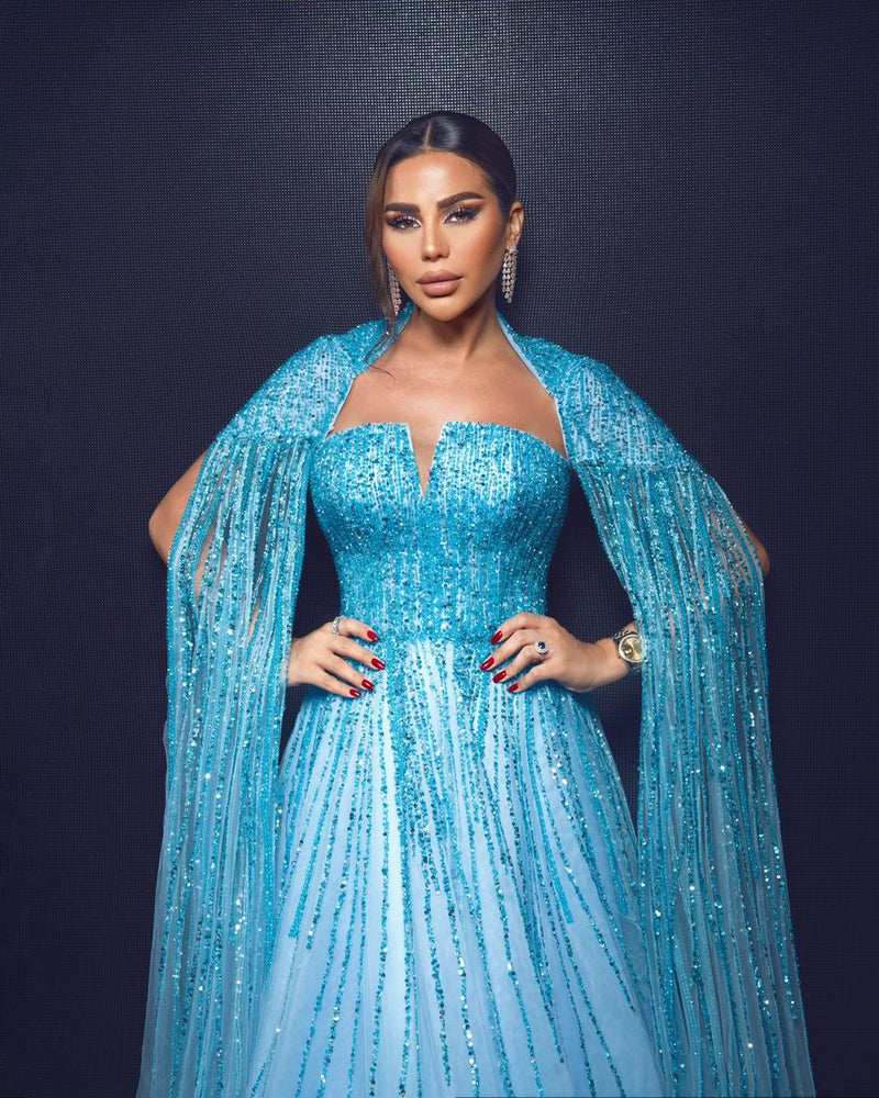 Li Beirut M1000 - Embellished Tulle Ball Gown with Cape Detail