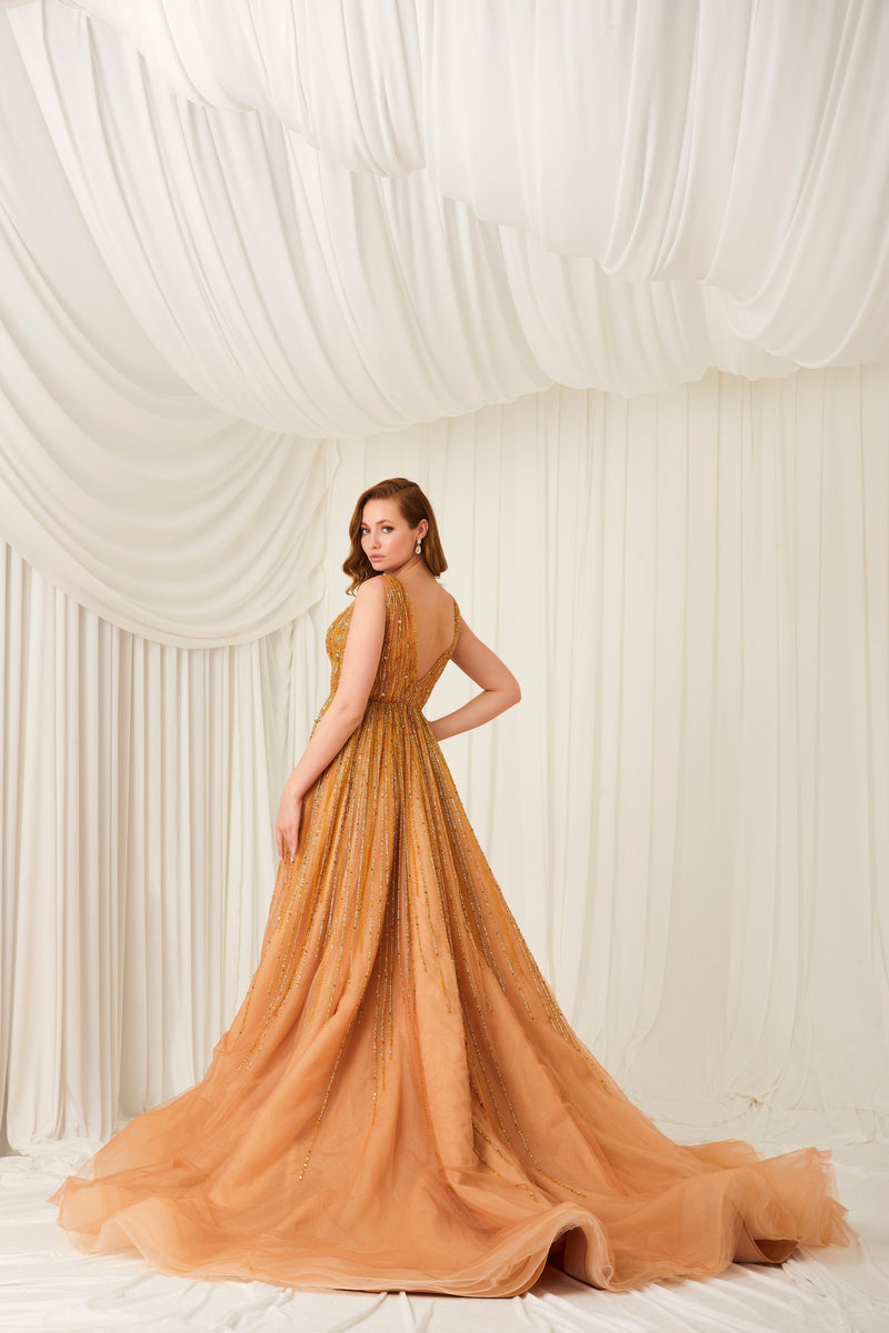 Li Beirut M1001 – Embellished Tulle Ball Gown with Deep V-Neck & Sequin Bodice