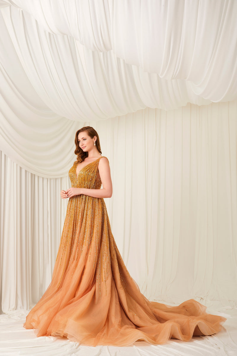 Li Beirut M1001 – Embellished Tulle Ball Gown with Deep V-Neck & Sequin Bodice