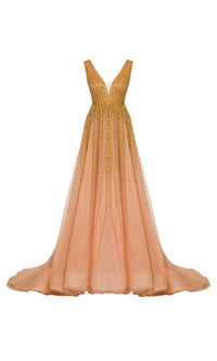 Li Beirut M1001 – Embellished Tulle Ball Gown with Deep V-Neck & Sequin Bodice