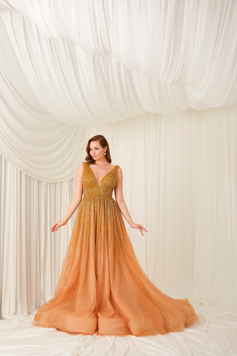 Li Beirut M1001 – Embellished Tulle Ball Gown with Deep V-Neck & Sequin Bodice