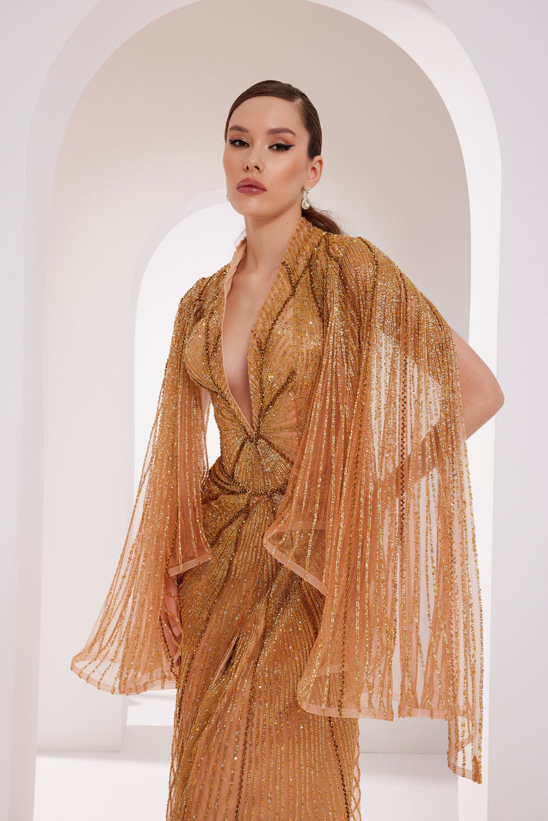 Li Beirut M1003 – Gold Embellished Couture Gown with V-Neck & Draped Cape Sleeves
