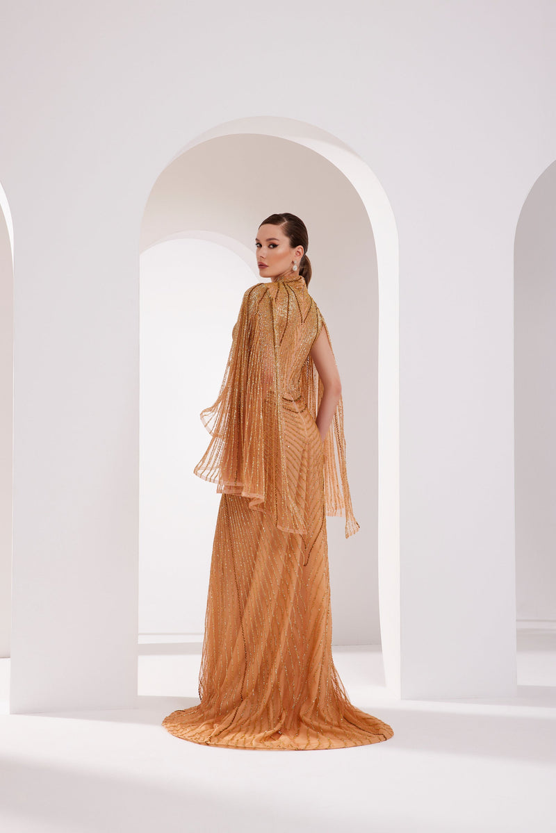 Li Beirut M1003 – Gold Embellished Couture Gown with V-Neck & Draped Cape Sleeves