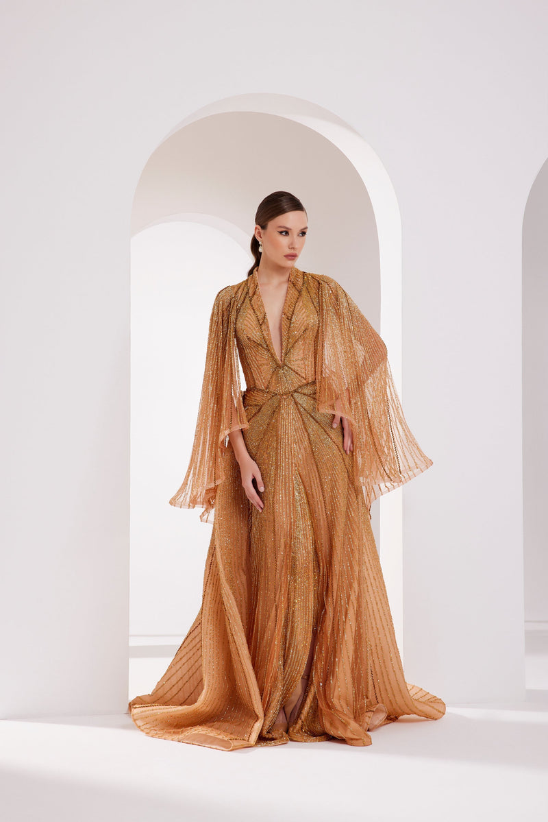 Li Beirut M1003 – Gold Embellished Couture Gown with V-Neck & Draped Cape Sleeves