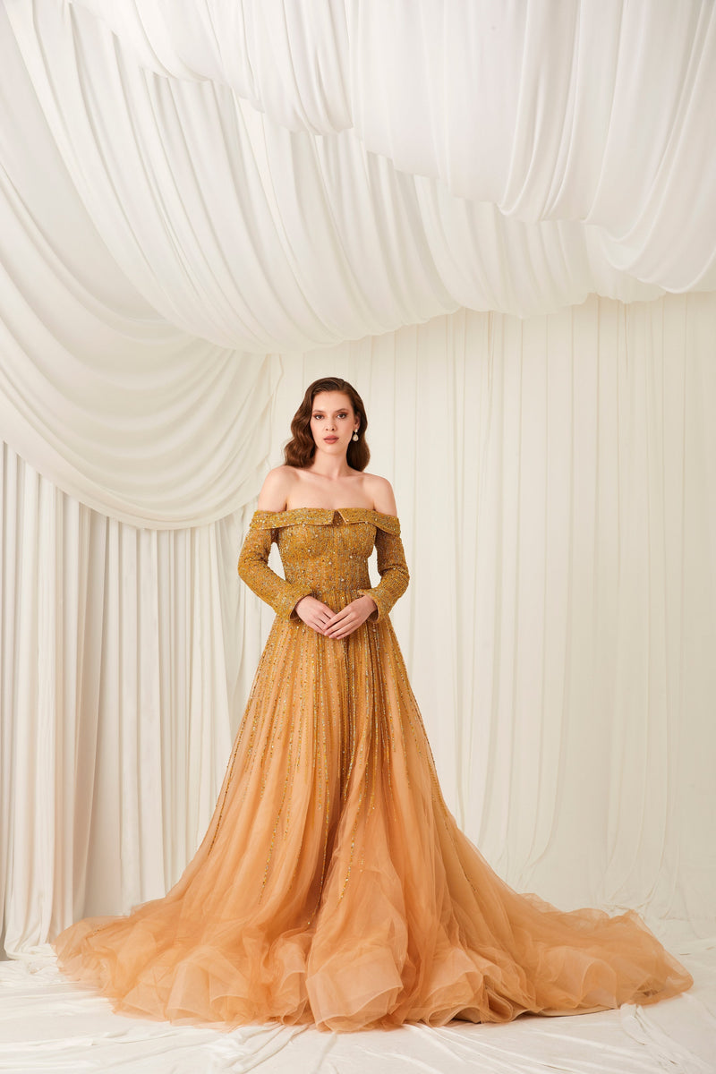 Li Beirut M1004 – Off-Shoulder Embellished Ball Gown with Long Sleeves & Beaded Bodice