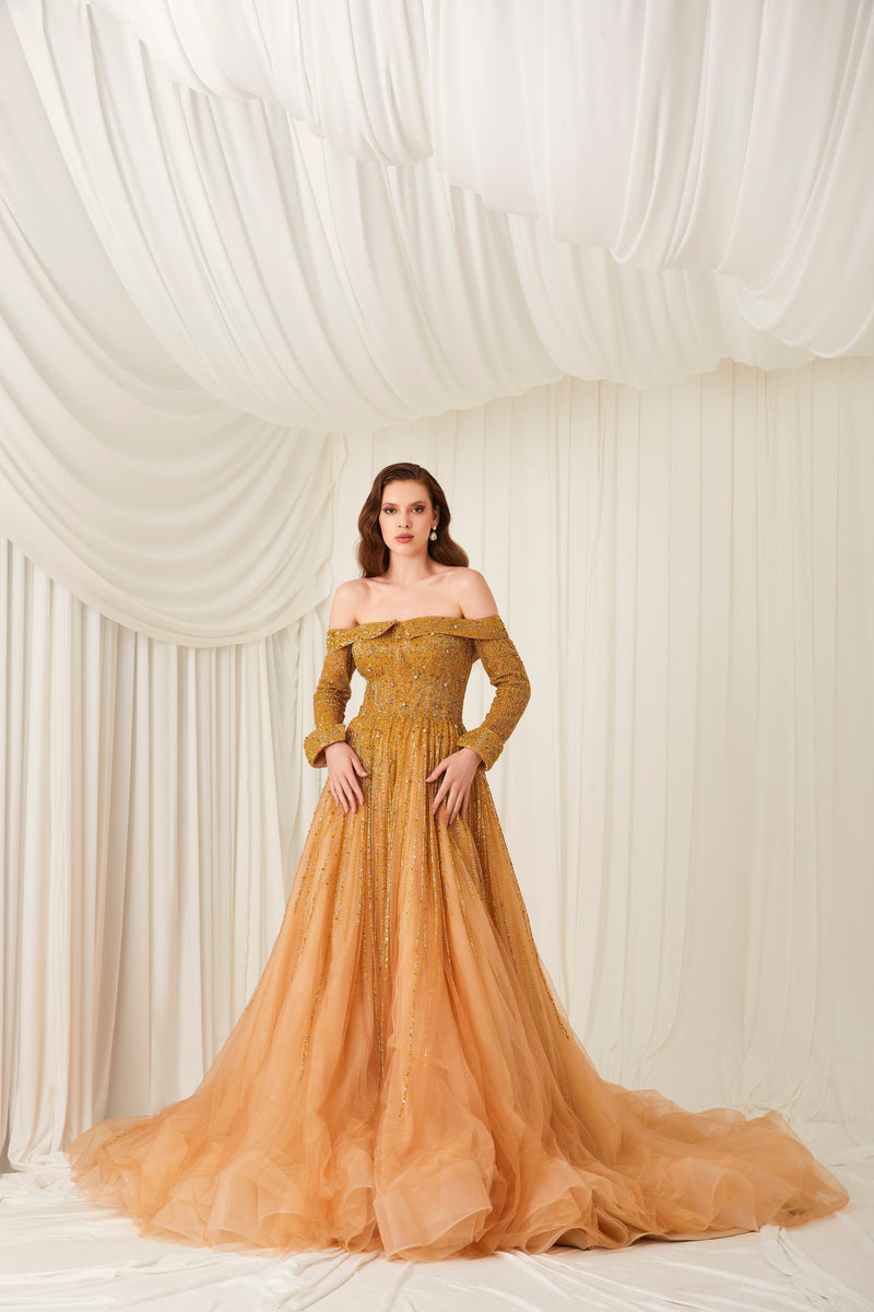 Li Beirut M1004 – Off-Shoulder Embellished Ball Gown with Long Sleeves & Beaded Bodice