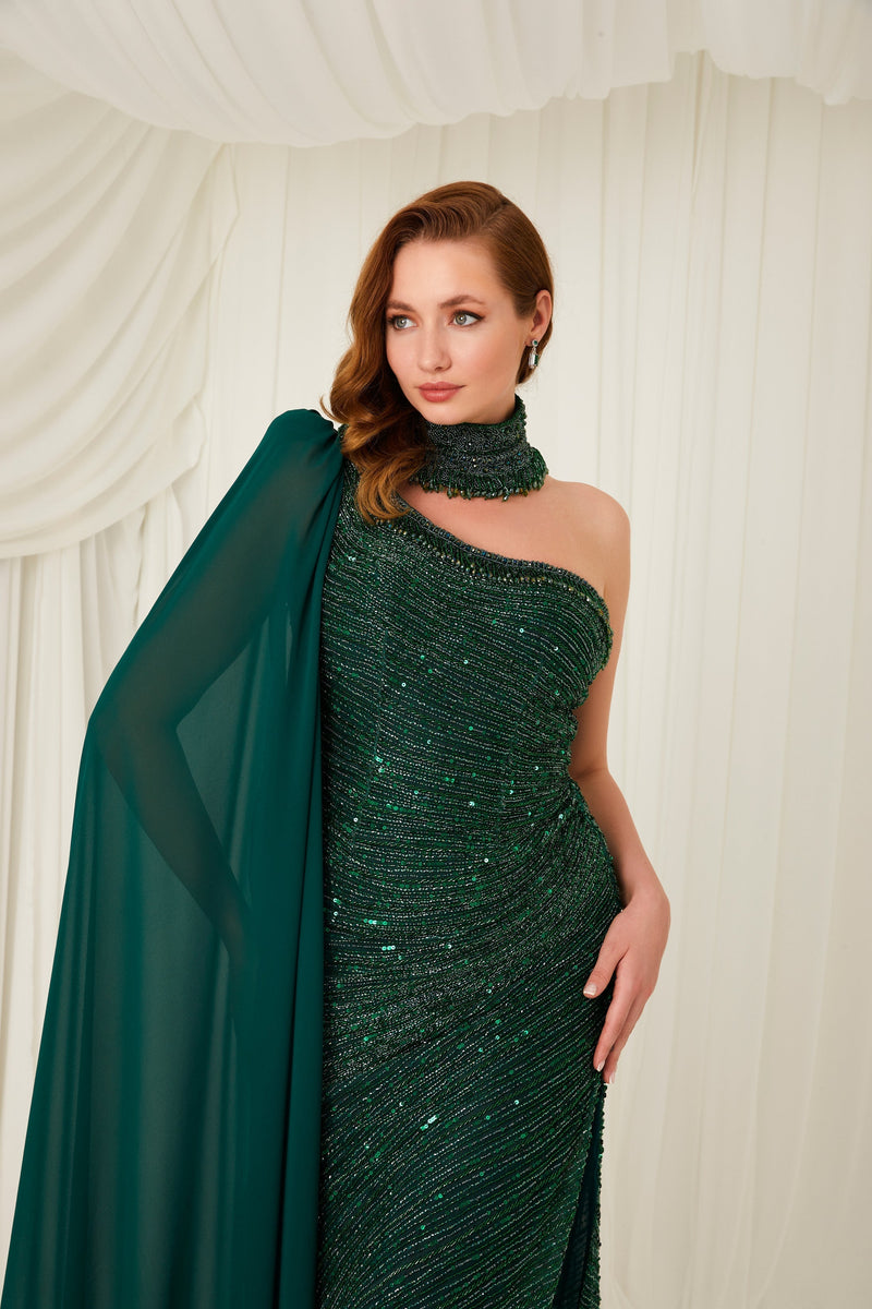 Li Beirut M1005 – One-Shoulder Embellished Column Gown with Chiffon Cape