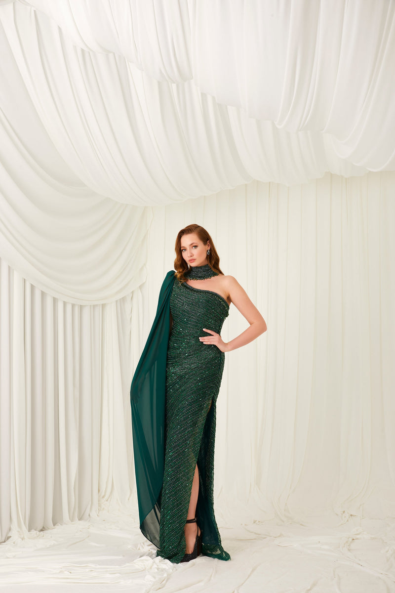 Li Beirut M1005 – One-Shoulder Embellished Column Gown with Chiffon Cape