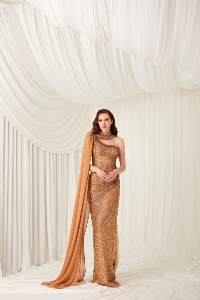 Li Beirut M1005 – One-Shoulder Embellished Column Gown with Chiffon Cape
