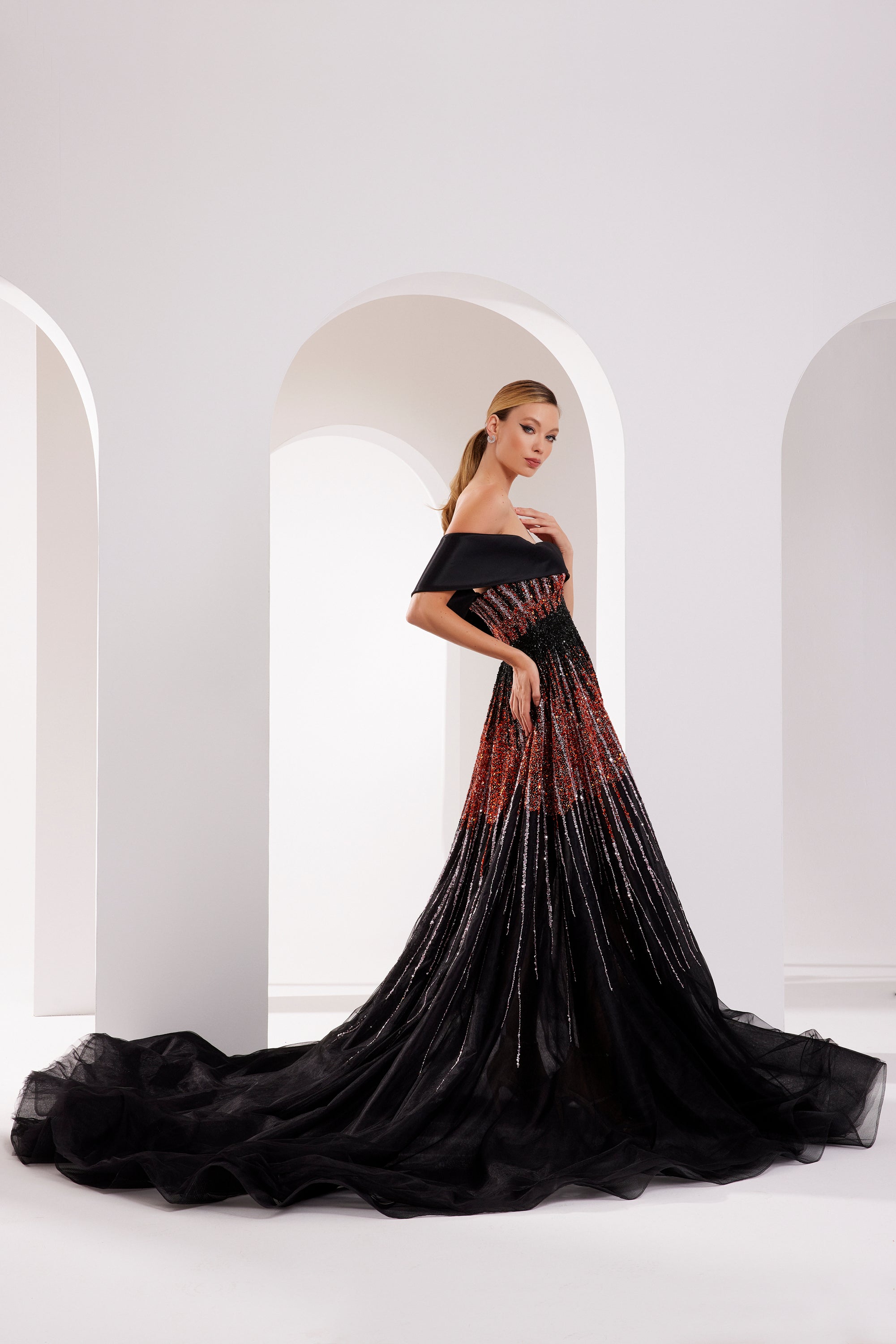 Li Beirut M1009 – Off-Shoulder Embellished Gown with Gradient Sequin Bodice
