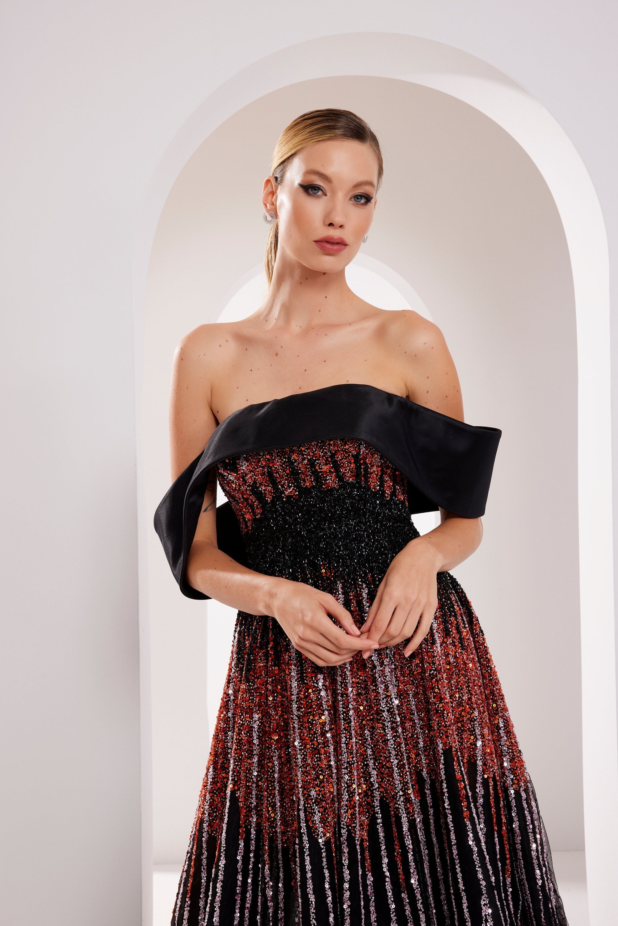 Li Beirut M1009 – Off-Shoulder Embellished Gown with Gradient Sequin Bodice