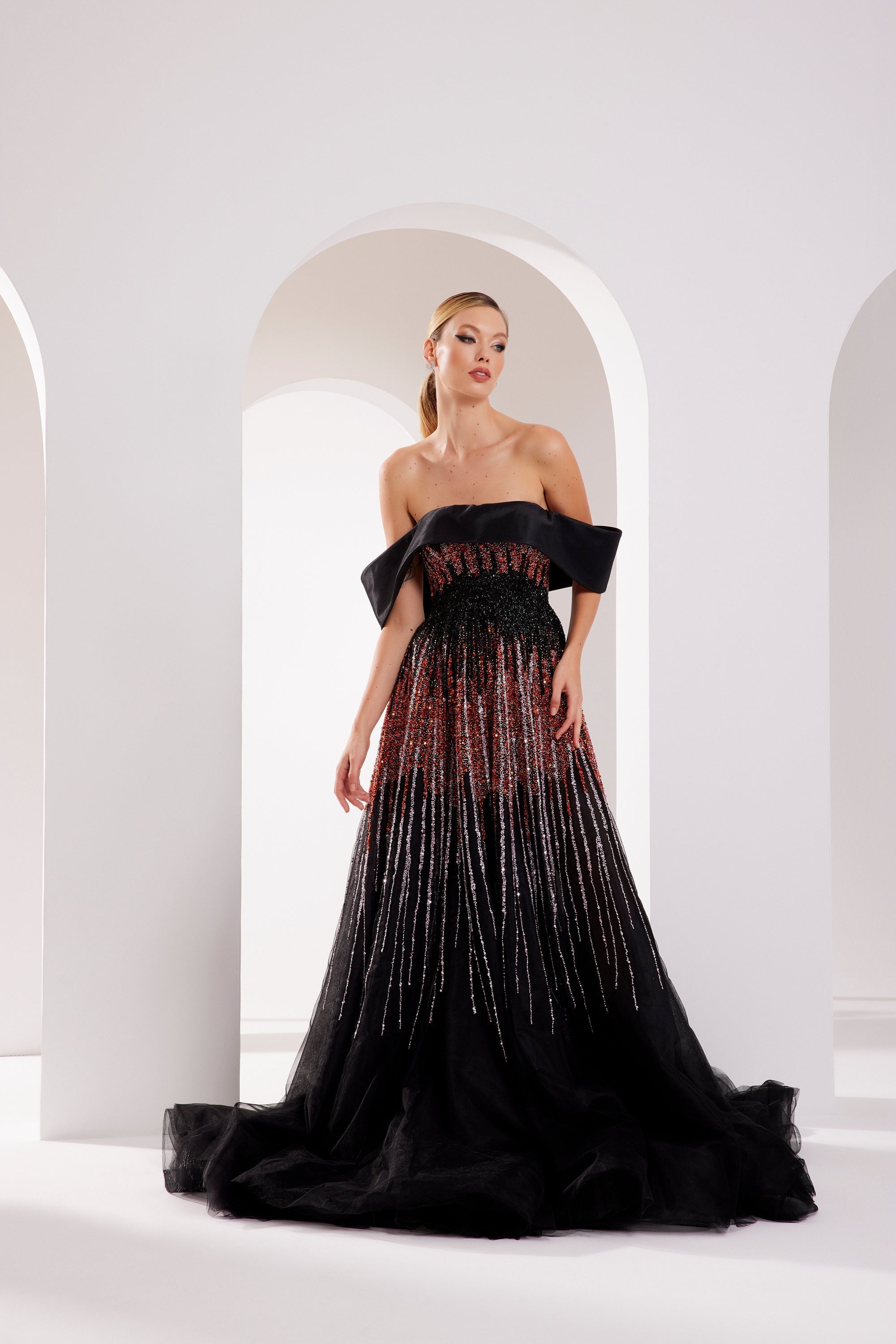 Li Beirut M1009 – Off-Shoulder Embellished Gown with Gradient Sequin Bodice