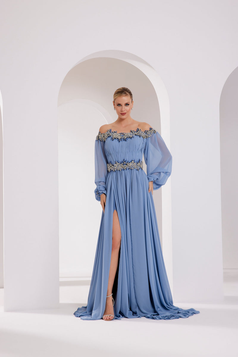 Li Beirut M1012 – Off-Shoulder Draped Gown with Sheer Sleeves & Embellished Waist