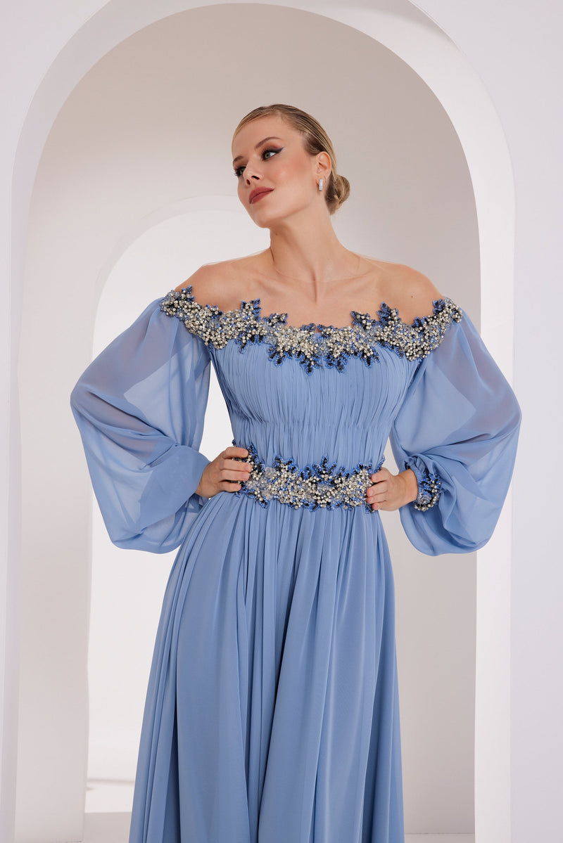 Li Beirut M1012 – Off-Shoulder Draped Gown with Sheer Sleeves & Embellished Waist