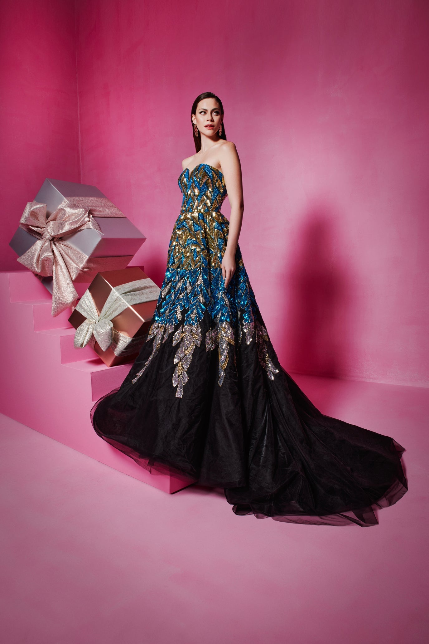 Li Beirut M1013 - Embellished Black Ball Gown with Metallic Botanical Detail