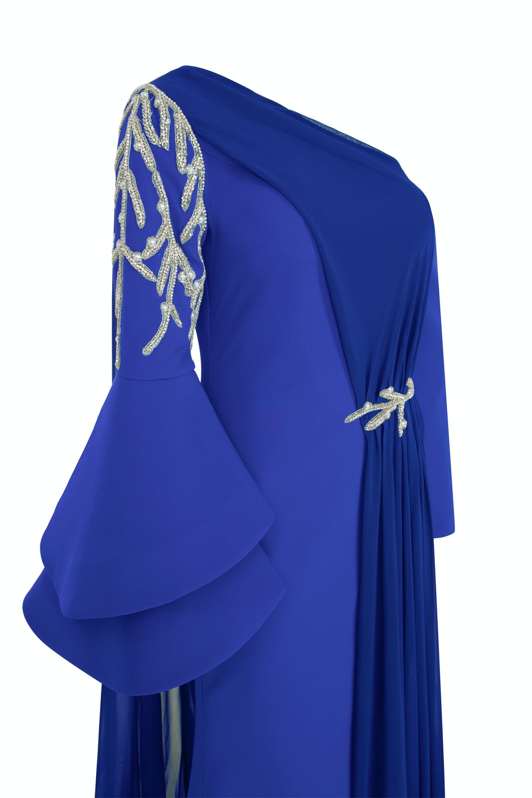 Li Beirut M1101 – One-Shoulder Column Gown with Cape & Gold Embroidery
