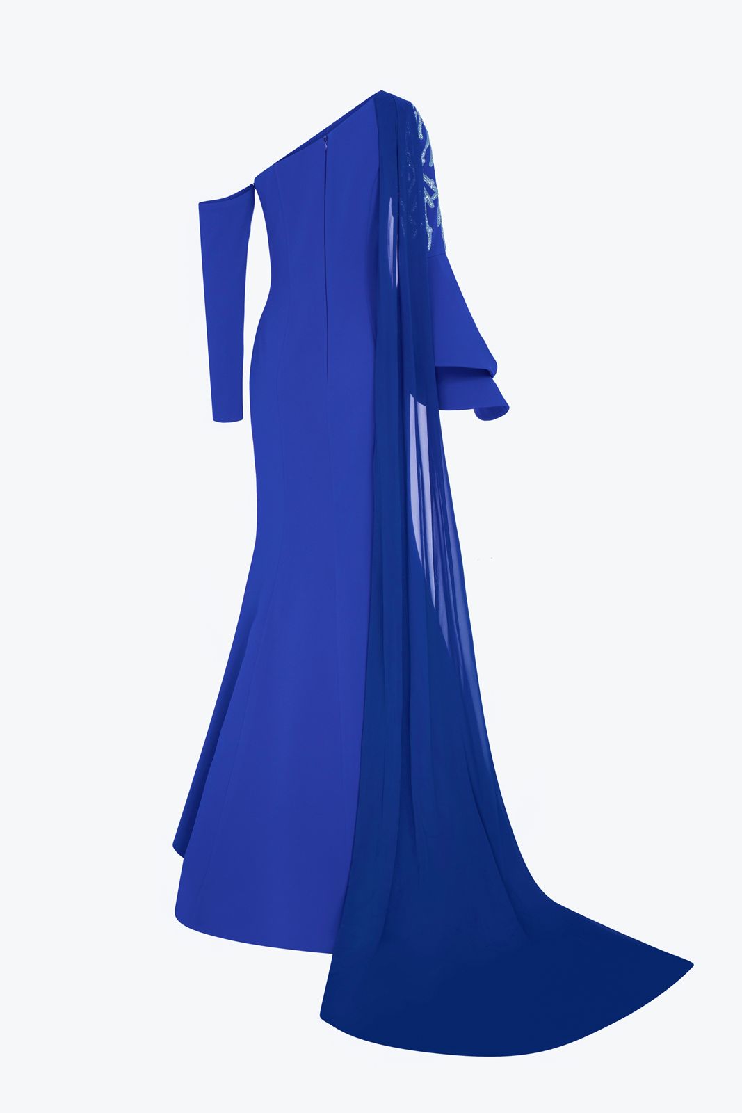Li Beirut M1101 – One-Shoulder Column Gown with Cape & Gold Embroidery