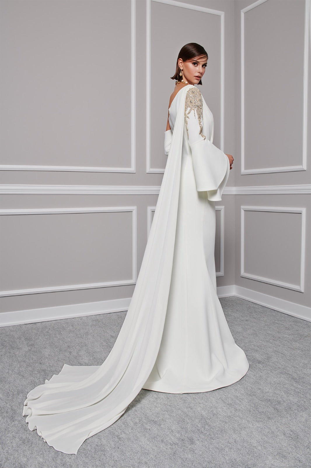 Li Beirut M1101 – One-Shoulder Column Gown with Cape & Gold Embroidery