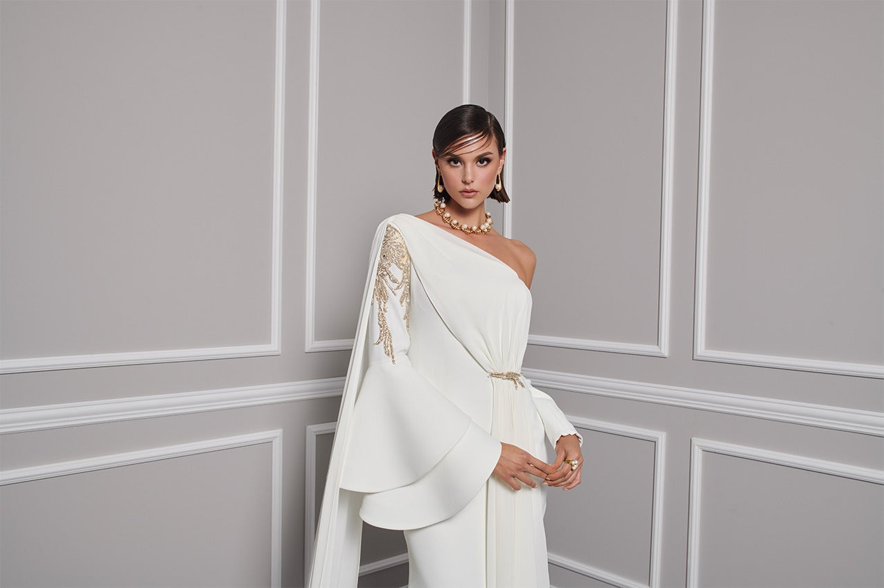Li Beirut M1101 – One-Shoulder Column Gown with Cape & Gold Embroidery