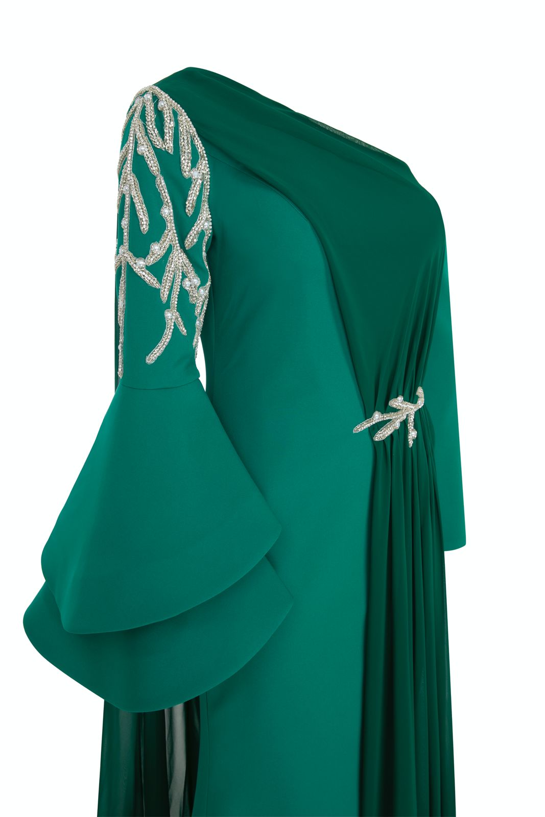 Li Beirut M1101 – One-Shoulder Column Gown with Cape & Gold Embroidery