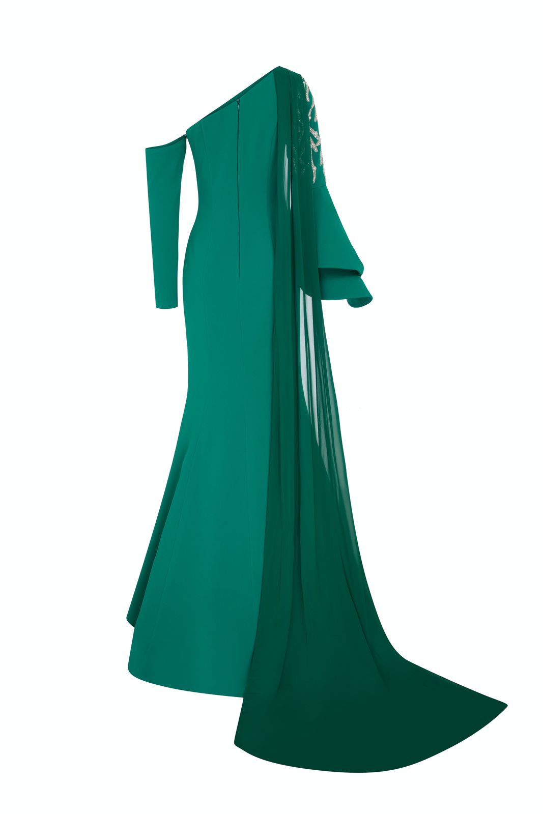 Li Beirut M1101 – One-Shoulder Column Gown with Cape & Gold Embroidery