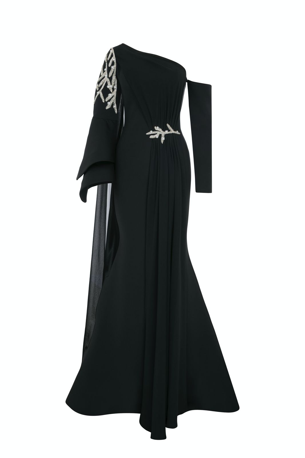 Li Beirut M1101 – One-Shoulder Column Gown with Cape & Gold Embroidery