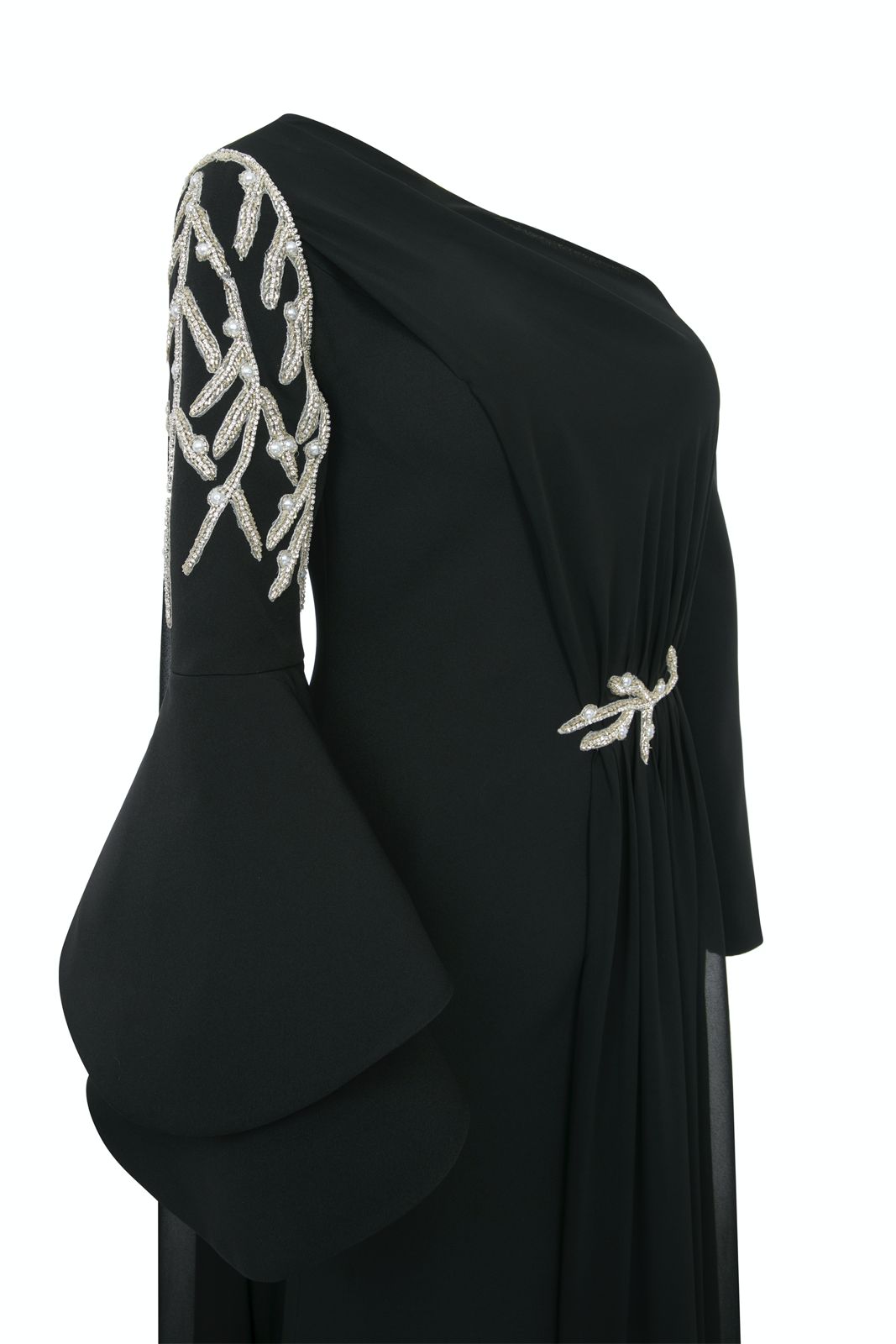Li Beirut M1101 – One-Shoulder Column Gown with Cape & Gold Embroidery