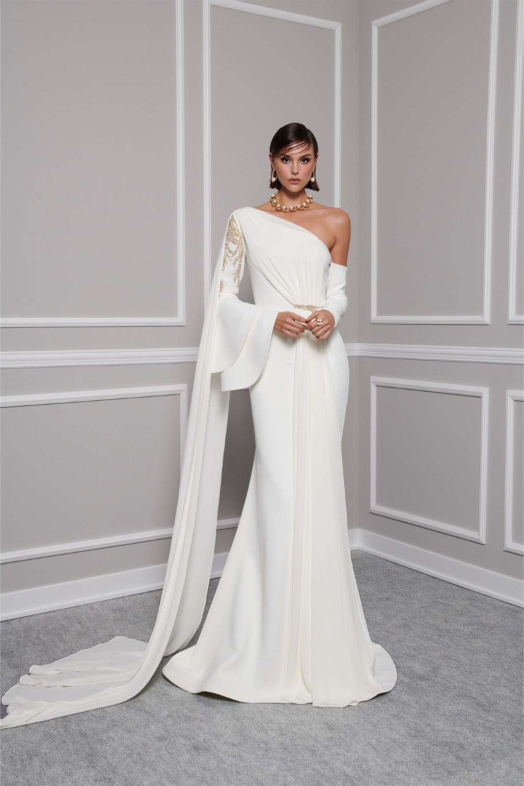 Li Beirut M1101 – One-Shoulder Column Gown with Cape & Gold Embroidery