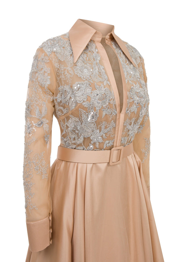 Li Beirut M1102 – Baby Blue & Gold Long Sleeve Lace Beaded Gown with Collar, Belt & Satin Skirt