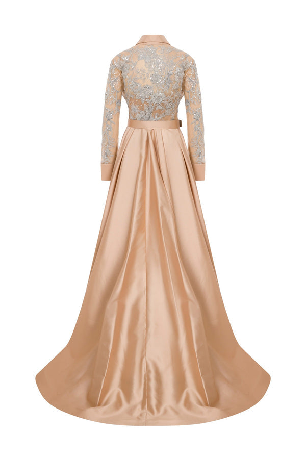 Li Beirut M1102 – Baby Blue & Gold Long Sleeve Lace Beaded Gown with Collar, Belt & Satin Skirt
