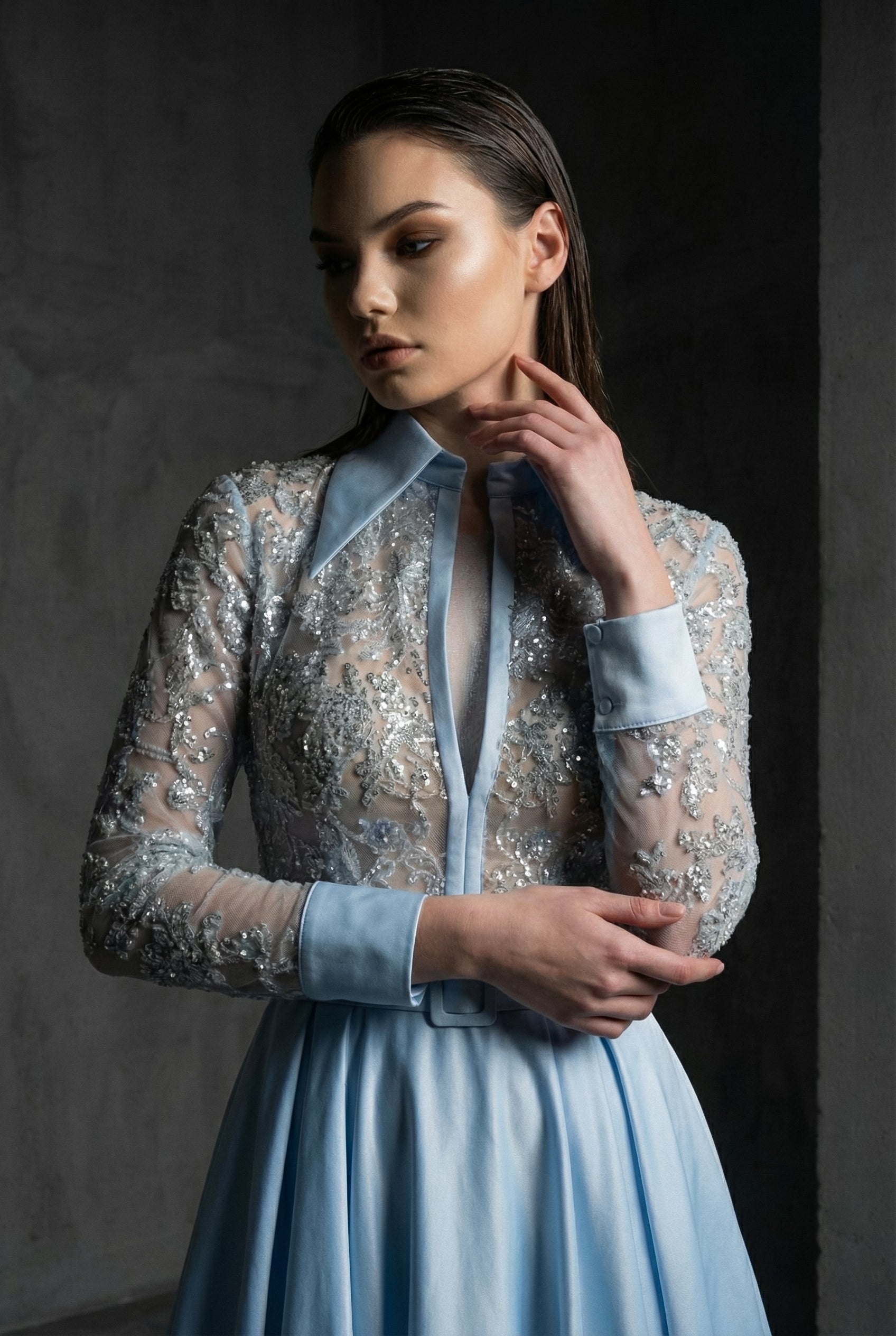Li Beirut M1102 – Baby Blue & Gold Long Sleeve Lace Beaded Gown with Collar, Belt & Satin Skirt