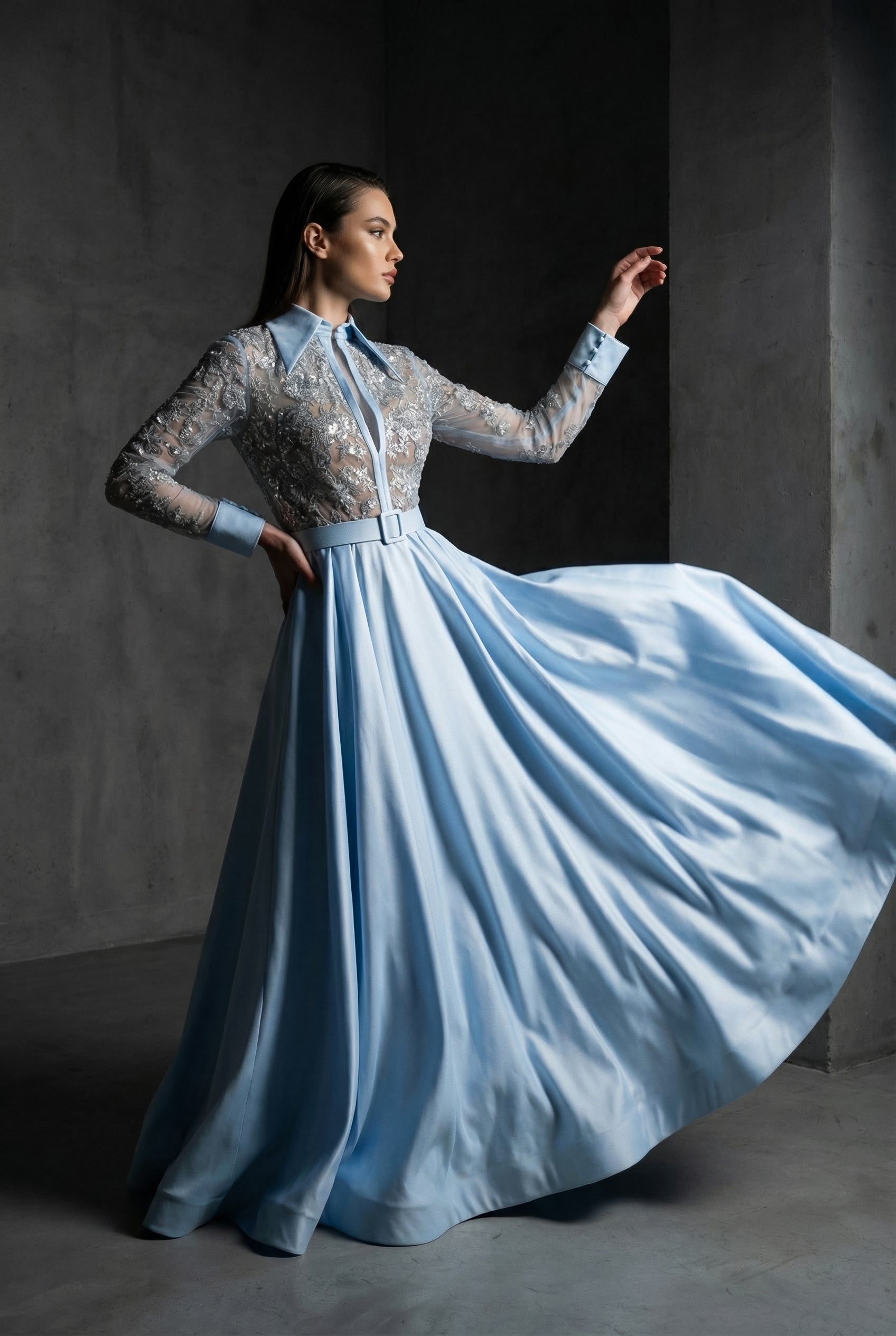 Li Beirut M1102 – Baby Blue & Gold Long Sleeve Lace Beaded Gown with Collar, Belt & Satin Skirt