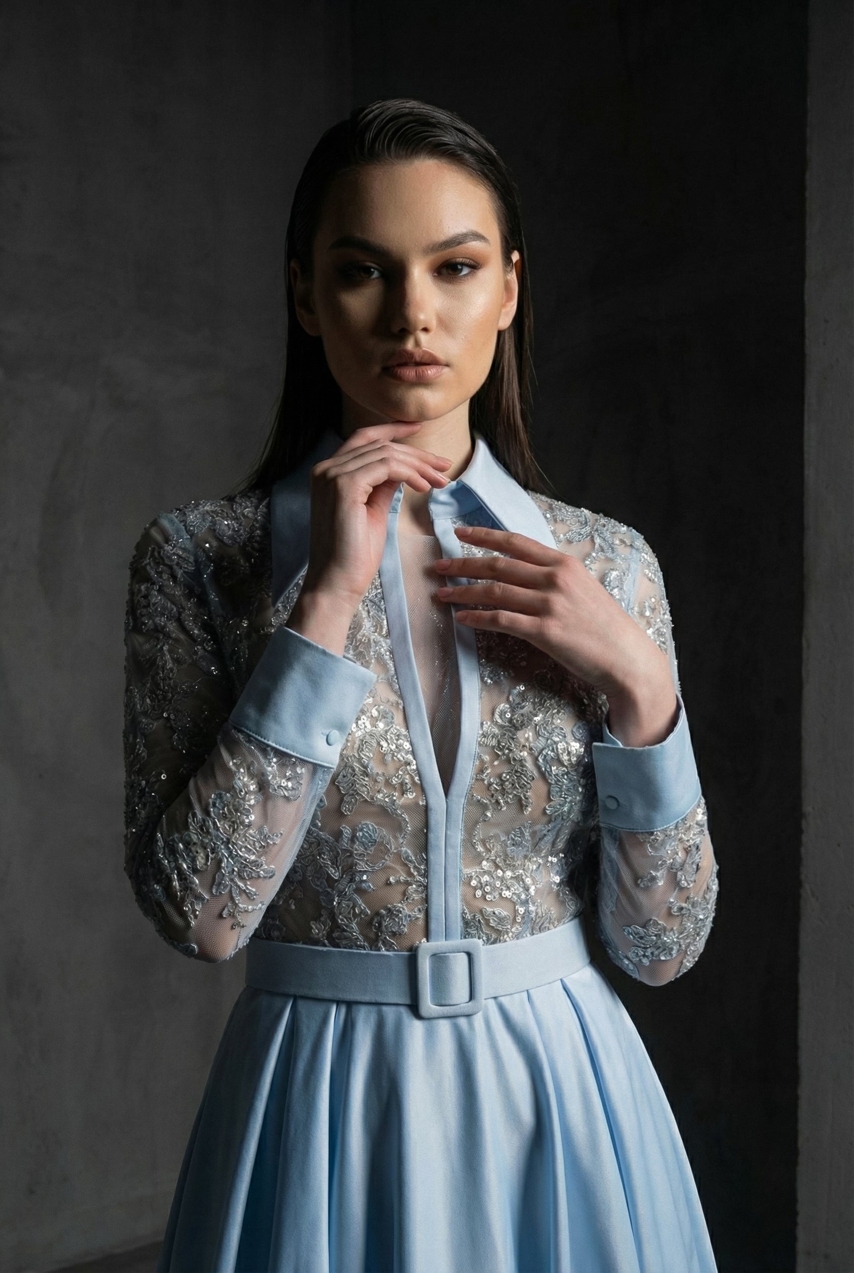 Li Beirut M1102 – Baby Blue & Gold Long Sleeve Lace Beaded Gown with Collar, Belt & Satin Skirt